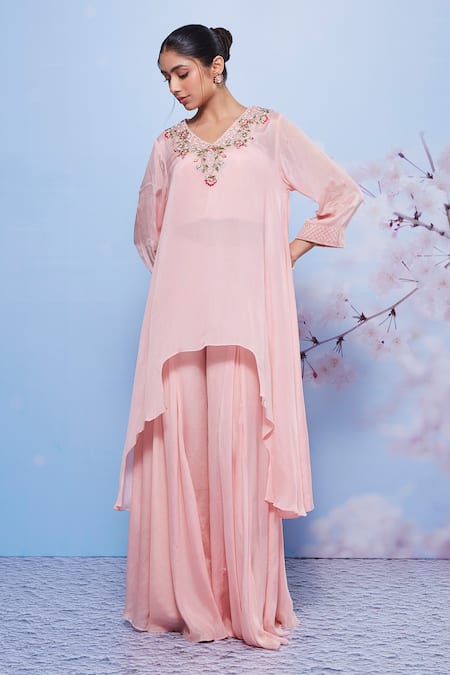Shop Ajiesh Oberoi Pink Chiffon, Cotton, Lycra Embroidery V-neck Asymmetric Floral Kurta Set Online at Aza Fashions Shop_Ajiesh Oberoi_Pink Chiffon, Cotton, Lycra Embroidery V-neck Asymmetric Floral Kurta Set _Online_at_Aza_Fashions