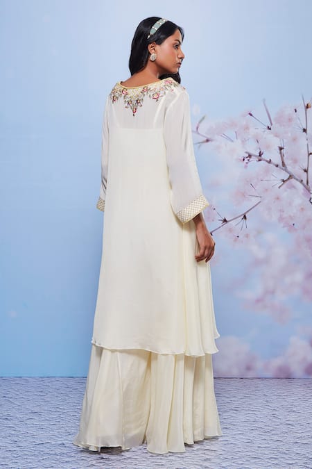 Shop Ajiesh Oberoi Ivory Chiffon, Cotton Embroidery V-neck Chanda Kurta And Sharara Set at Aza Fashions Shop_Ajiesh Oberoi_Ivory Chiffon, Cotton Embroidery V-neck Chanda Kurta And Sharara Set _at_Aza_Fashions