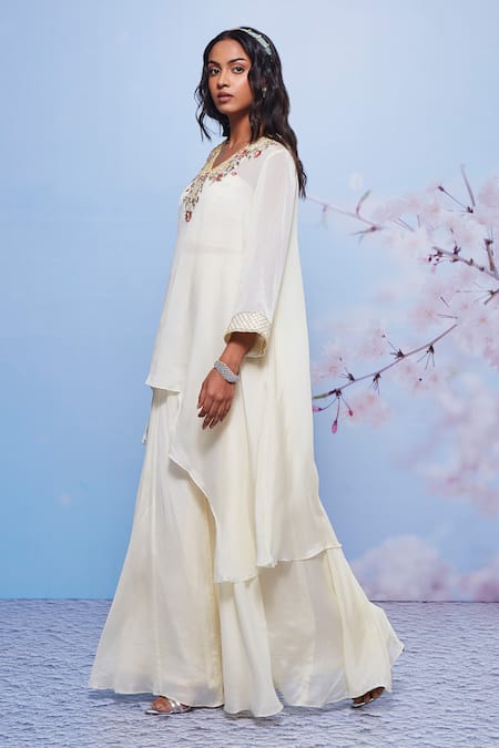 Buy Ajiesh Oberoi Ivory Chiffon, Cotton Embroidery V-neck Chanda Kurta And Sharara Set Online at Aza Fashions Buy_Ajiesh Oberoi_Ivory Chiffon, Cotton Embroidery V-neck Chanda Kurta And Sharara Set _Online_at_Aza_Fashions