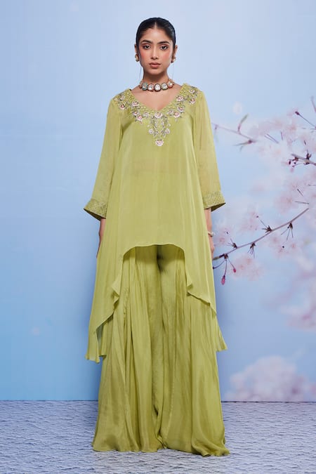 Ajiesh Oberoi_Green Chiffon, Cotton, Lycra Embroidery Chanda Neckline Kurta And Sharara Set _Online_at_Aza_Fashions