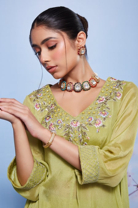 Shop_Ajiesh Oberoi_Green Chiffon, Cotton, Lycra Embroidery Chanda Neckline Kurta And Sharara Set _Online_at_Aza_Fashions