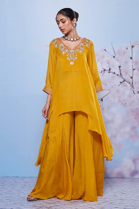 Buy_Ajiesh Oberoi_Yellow Chiffon, Cotton, Lycra Embroidery Chanda Asymmetric Kurta And Sharara Set _Online_at_Aza_Fashions