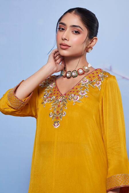 Shop_Ajiesh Oberoi_Yellow Chiffon, Cotton, Lycra Embroidery Chanda Asymmetric Kurta And Sharara Set _Online_at_Aza_Fashions