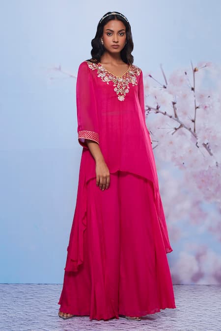 Ajiesh Oberoi_Pink Chiffon, Cotton, Lycra Embroidery Chanda Asymmetric Kurta And Sharara Set _Online_at_Aza_Fashions