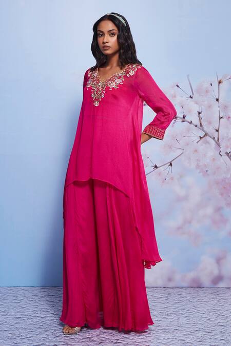 Buy_Ajiesh Oberoi_Pink Chiffon, Cotton, Lycra Embroidery Chanda Asymmetric Kurta And Sharara Set _Online_at_Aza_Fashions