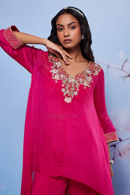 Shop_Ajiesh Oberoi_Pink Chiffon, Cotton, Lycra Embroidery Chanda Asymmetric Kurta And Sharara Set _Online_at_Aza_Fashions