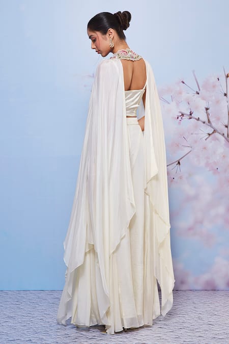 Shop_Ajiesh Oberoi_Ivory Chiffon, Satin Embroidery Sweetheart Neck, Floral Jacket Sharara Set _at_Aza_Fashions