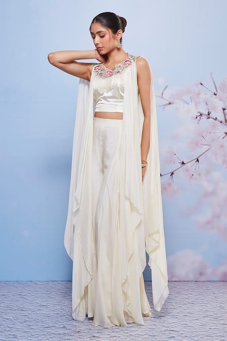 Ajiesh Oberoi_Ivory Chiffon, Satin Embroidery Sweetheart Neck, Floral Jacket Sharara Set _Online_at_Aza_Fashions