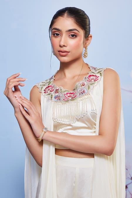 Buy_Ajiesh Oberoi_Ivory Chiffon, Satin Embroidery Sweetheart Neck, Floral Jacket Sharara Set _Online_at_Aza_Fashions