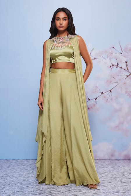 Ajiesh Oberoi_Green Chiffon, Satin, Lycra Embroidery Sweetheart Floral Jacket Sharara Set _Online_at_Aza_Fashions