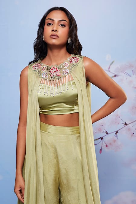 Buy_Ajiesh Oberoi_Green Chiffon, Satin, Lycra Embroidery Sweetheart Floral Jacket Sharara Set _Online_at_Aza_Fashions