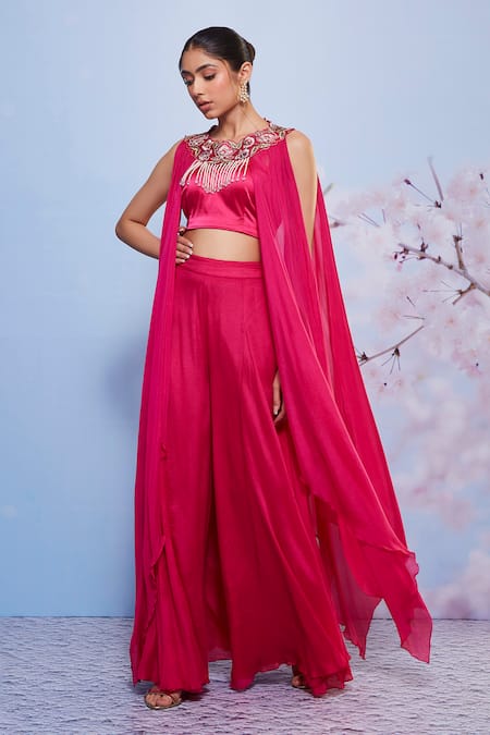 Ajiesh Oberoi_Pink Satin, Chiffon Embroidery Sweetheart Neck, Round Floral Jacket Sharara Set _Online_at_Aza_Fashions