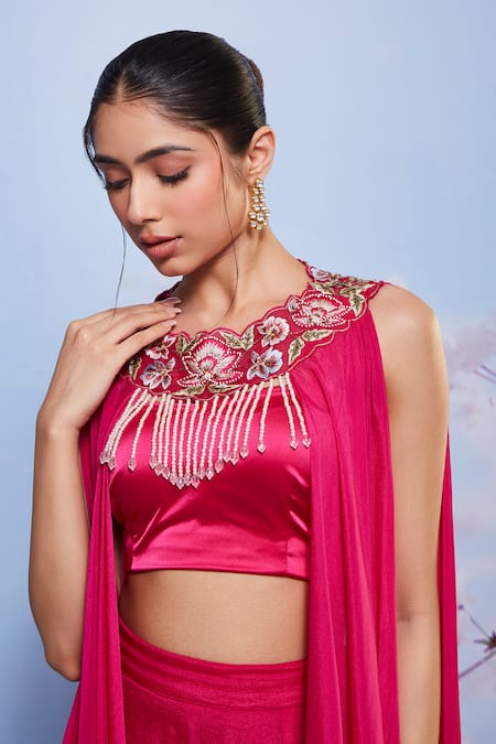 Shop_Ajiesh Oberoi_Pink Satin, Chiffon Embroidery Sweetheart Neck, Round Floral Jacket Sharara Set _Online_at_Aza_Fashions