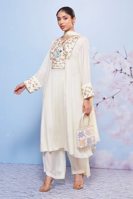 Ajiesh Oberoi Floral Embroidered Kurta Palazzo Set 