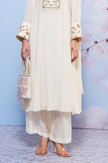 Buy_Ajiesh Oberoi_Ivory Chiffon Embroidery Round Neck Floral Kurta Palazzo Set _Online_at_Aza_Fashions