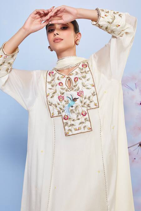 Shop_Ajiesh Oberoi_Ivory Chiffon Embroidery Round Neck Floral Kurta Palazzo Set _Online_at_Aza_Fashions