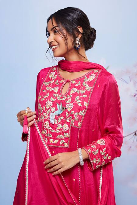 Ajiesh Oberoi_Pink Chiffon Embroidery Round Neck Gota Kurta Palazzo Set _at_Aza_Fashions