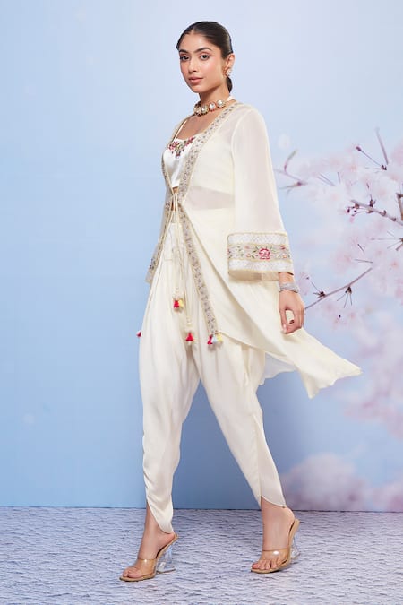 Ajiesh Oberoi_Ivory Chiffon Beads, Embroidery Sweetheart Neck, Floral Dhoti Pant And Jacket Set _Online_at_Aza_Fashions