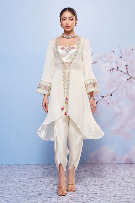 Buy_Ajiesh Oberoi_Ivory Chiffon Beads, Embroidery Sweetheart Neck, Floral Dhoti Pant And Jacket Set _Online_at_Aza_Fashions