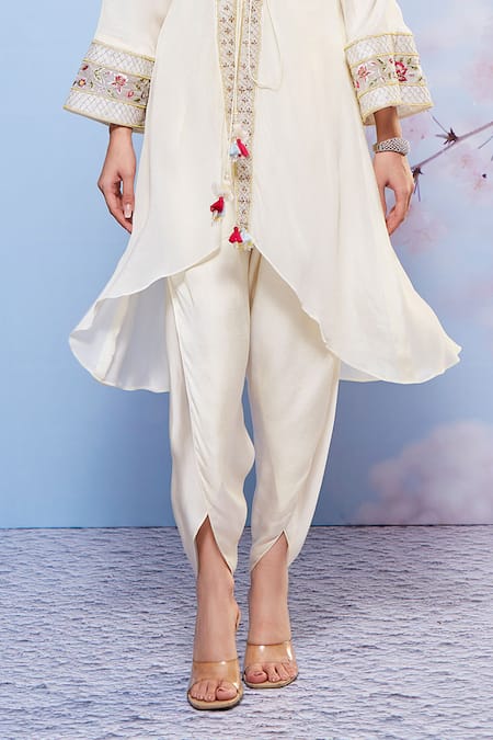 Shop_Ajiesh Oberoi_Ivory Chiffon Beads, Embroidery Sweetheart Neck, Floral Dhoti Pant And Jacket Set _Online_at_Aza_Fashions
