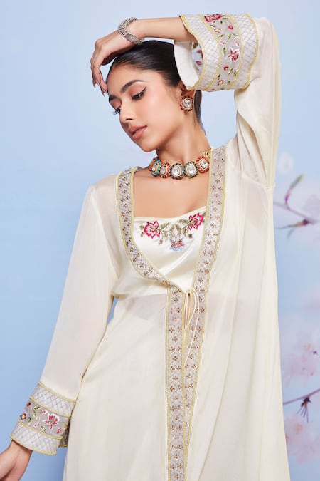 Ajiesh Oberoi_Ivory Chiffon Beads, Embroidery Sweetheart Neck, Floral Dhoti Pant And Jacket Set _at_Aza_Fashions
