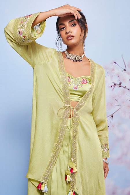 Buy_Ajiesh Oberoi_Green Chiffon Beads, Embroidery Sweetheart Asymmetric Jacket Dhoti Pant Set _Online_at_Aza_Fashions