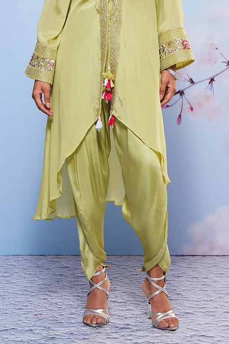 Ajiesh Oberoi_Green Chiffon Beads, Embroidery Sweetheart Asymmetric Jacket Dhoti Pant Set _at_Aza_Fashions
