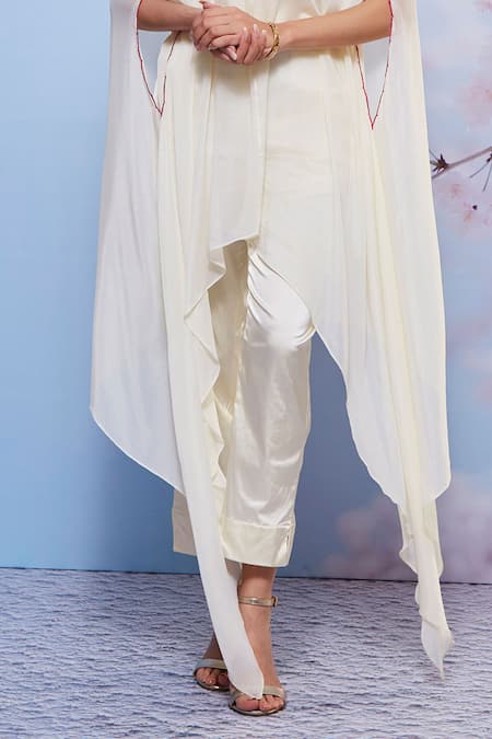 Ajiesh Oberoi Ivory Cotton, Satin, Chiffon Embroidery Sweetheart Asymmetric Cape Pant Set Online at Aza Fashions Ajiesh Oberoi_Ivory Cotton, Satin, Chiffon Embroidery Sweetheart Asymmetric Cape Pant Set _Online_at_Aza_Fashions