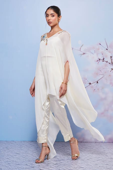 Buy Ajiesh Oberoi Ivory Cotton, Satin, Chiffon Embroidery Sweetheart Asymmetric Cape Pant Set Online at Aza Fashions Buy_Ajiesh Oberoi_Ivory Cotton, Satin, Chiffon Embroidery Sweetheart Asymmetric Cape Pant Set _Online_at_Aza_Fashions