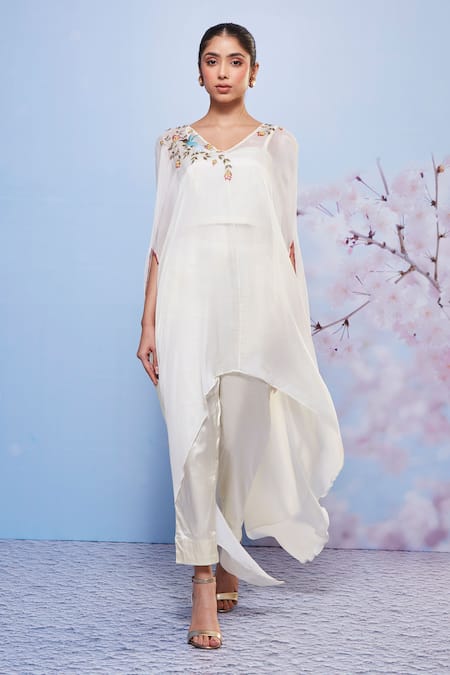 Shop Ajiesh Oberoi Ivory Cotton, Satin, Chiffon Embroidery Sweetheart Asymmetric Cape Pant Set Online at Aza Fashions Shop_Ajiesh Oberoi_Ivory Cotton, Satin, Chiffon Embroidery Sweetheart Asymmetric Cape Pant Set _Online_at_Aza_Fashions