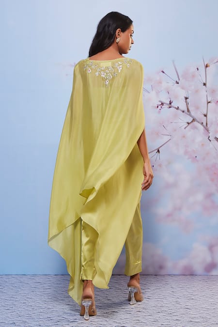 Shop Ajiesh Oberoi Green Cotton, Chiffon, Satin Embroidery, Sequins Sweetheart Cape And Pant Set at Aza Fashions Shop_Ajiesh Oberoi_Green Cotton, Chiffon, Satin Embroidery, Sequins Sweetheart Cape And Pant Set _at_Aza_Fashions