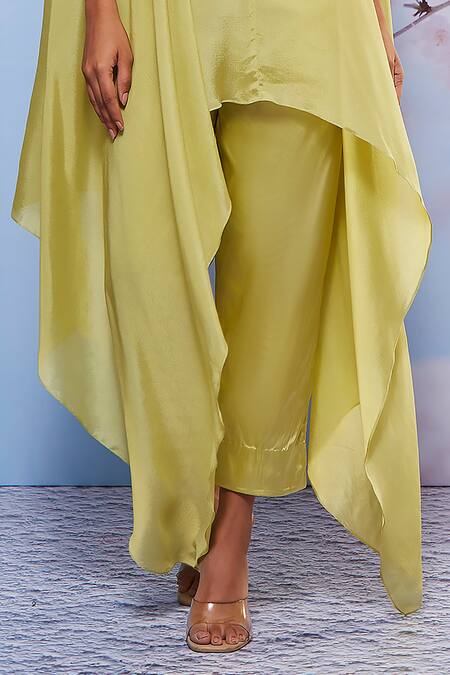 Ajiesh Oberoi Green Cotton, Chiffon, Satin Embroidery, Sequins Sweetheart Cape And Pant Set Online at Aza Fashions Ajiesh Oberoi_Green Cotton, Chiffon, Satin Embroidery, Sequins Sweetheart Cape And Pant Set _Online_at_Aza_Fashions