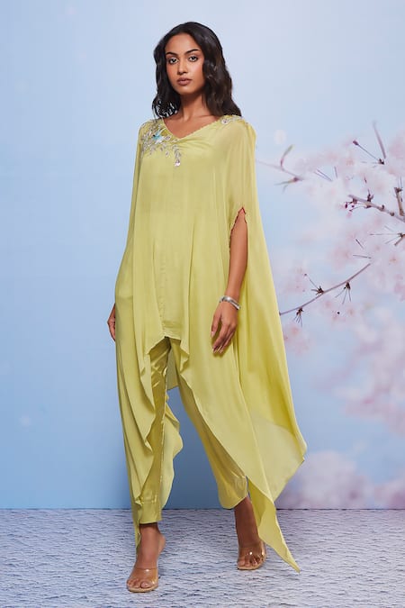 Buy Ajiesh Oberoi Green Cotton, Chiffon, Satin Embroidery, Sequins Sweetheart Cape And Pant Set Online at Aza Fashions Buy_Ajiesh Oberoi_Green Cotton, Chiffon, Satin Embroidery, Sequins Sweetheart Cape And Pant Set _Online_at_Aza_Fashions