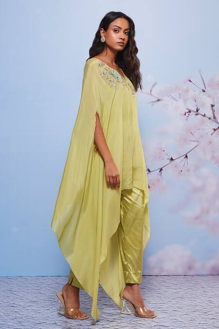 Shop Ajiesh Oberoi Green Cotton, Chiffon, Satin Embroidery, Sequins Sweetheart Cape And Pant Set Online at Aza Fashions Shop_Ajiesh Oberoi_Green Cotton, Chiffon, Satin Embroidery, Sequins Sweetheart Cape And Pant Set _Online_at_Aza_Fashions