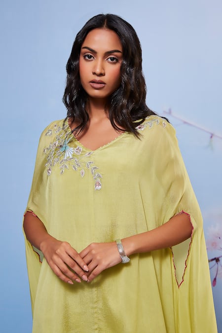 Ajiesh Oberoi Green Cotton, Chiffon, Satin Embroidery, Sequins Sweetheart Cape And Pant Set at Aza Fashions Ajiesh Oberoi_Green Cotton, Chiffon, Satin Embroidery, Sequins Sweetheart Cape And Pant Set _at_Aza_Fashions