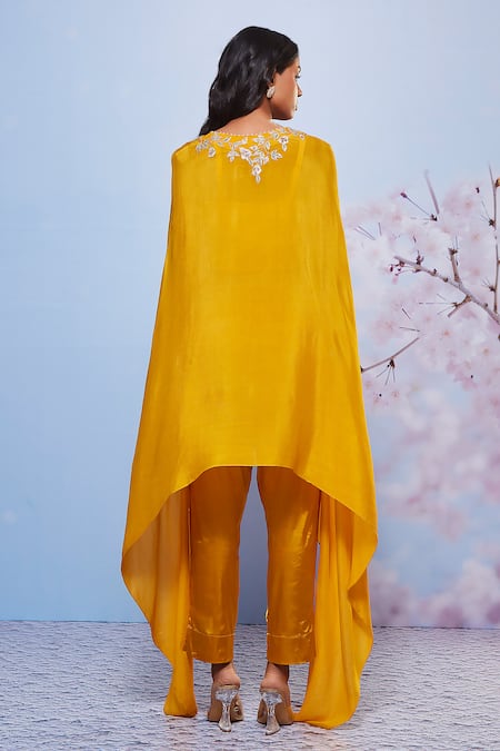 Shop Ajiesh Oberoi Yellow Cotton, Satin, Chiffon Sequins, Embroidery Floral Cape And Pant Set at Aza Fashions Shop_Ajiesh Oberoi_Yellow Cotton, Satin, Chiffon Sequins, Embroidery Floral Cape And Pant Set _at_Aza_Fashions