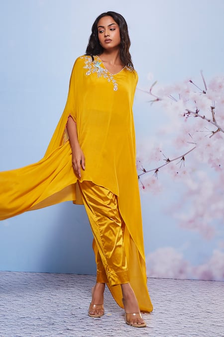 Ajiesh Oberoi Yellow Cotton, Satin, Chiffon Sequins, Embroidery Floral Cape And Pant Set Online at Aza Fashions Ajiesh Oberoi_Yellow Cotton, Satin, Chiffon Sequins, Embroidery Floral Cape And Pant Set _Online_at_Aza_Fashions