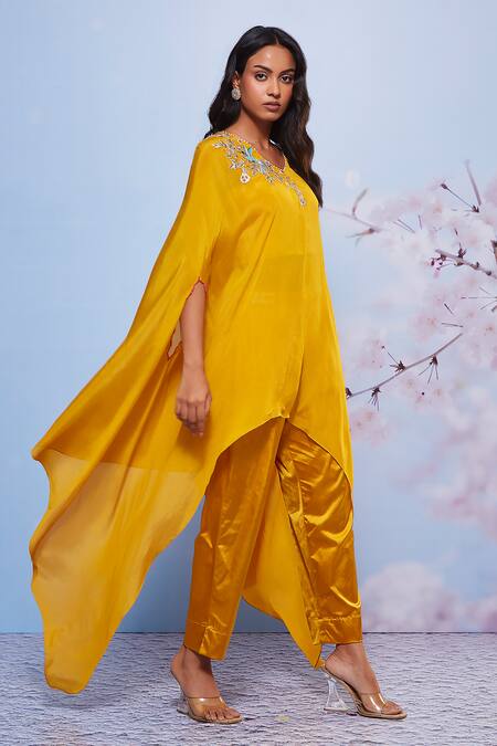 Buy Ajiesh Oberoi Yellow Cotton, Satin, Chiffon Sequins, Embroidery Floral Cape And Pant Set Online at Aza Fashions Buy_Ajiesh Oberoi_Yellow Cotton, Satin, Chiffon Sequins, Embroidery Floral Cape And Pant Set _Online_at_Aza_Fashions