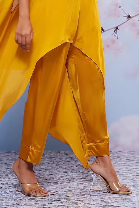 Shop Ajiesh Oberoi Yellow Cotton, Satin, Chiffon Sequins, Embroidery Floral Cape And Pant Set Online at Aza Fashions Shop_Ajiesh Oberoi_Yellow Cotton, Satin, Chiffon Sequins, Embroidery Floral Cape And Pant Set _Online_at_Aza_Fashions