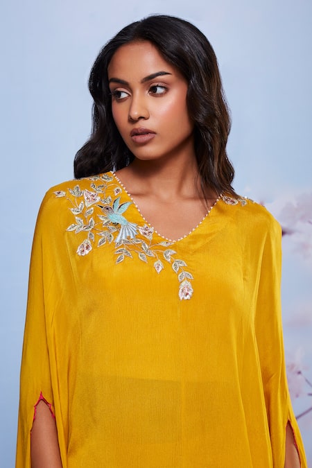 Ajiesh Oberoi Yellow Cotton, Satin, Chiffon Sequins, Embroidery Floral Cape And Pant Set at Aza Fashions Ajiesh Oberoi_Yellow Cotton, Satin, Chiffon Sequins, Embroidery Floral Cape And Pant Set _at_Aza_Fashions