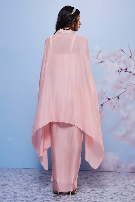 Shop_Ajiesh Oberoi_Pink Chiffon, Modal Embroidery Sweetheart Neck Cape And Draped Skirt Set _at_Aza_Fashions