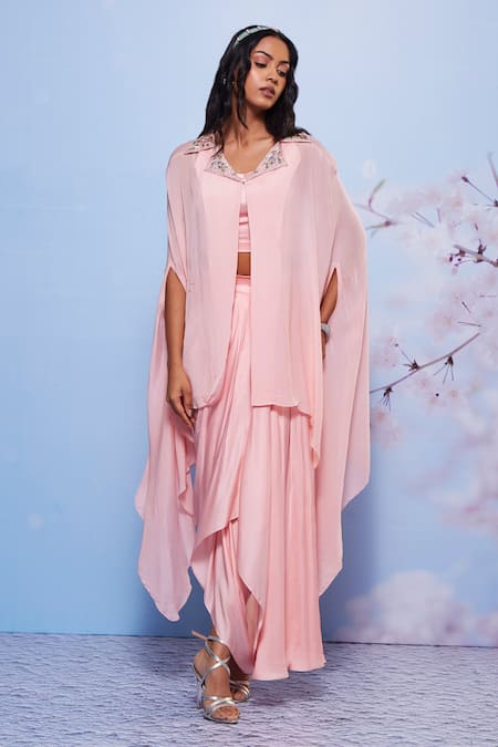 Ajiesh Oberoi_Pink Chiffon, Modal Embroidery Sweetheart Neck Cape And Draped Skirt Set _Online_at_Aza_Fashions