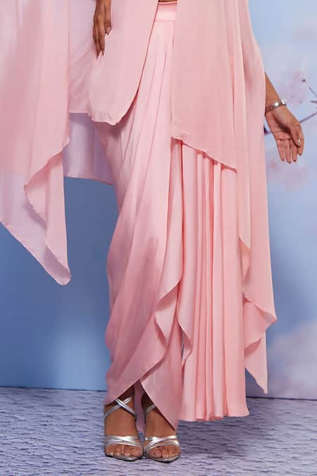Buy_Ajiesh Oberoi_Pink Chiffon, Modal Embroidery Sweetheart Neck Cape And Draped Skirt Set _Online_at_Aza_Fashions