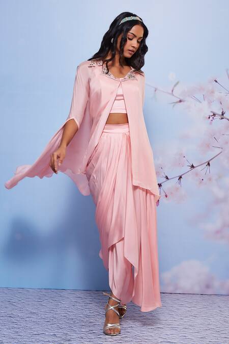 Shop_Ajiesh Oberoi_Pink Chiffon, Modal Embroidery Sweetheart Neck Cape And Draped Skirt Set _Online_at_Aza_Fashions