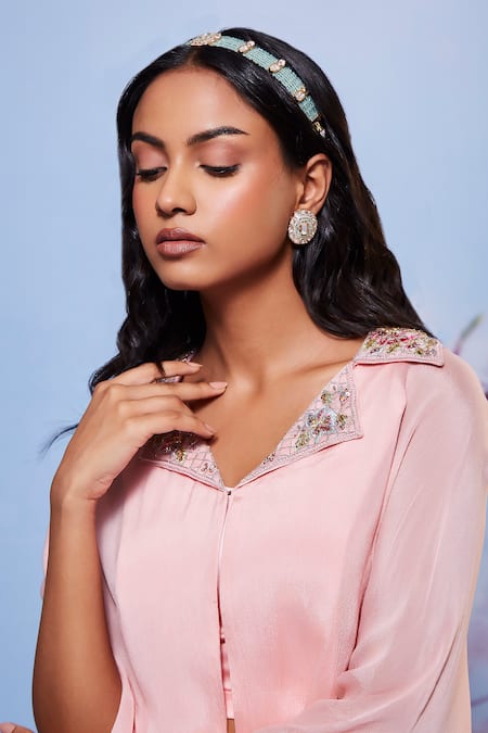 Ajiesh Oberoi_Pink Chiffon, Modal Embroidery Sweetheart Neck Cape And Draped Skirt Set _at_Aza_Fashions