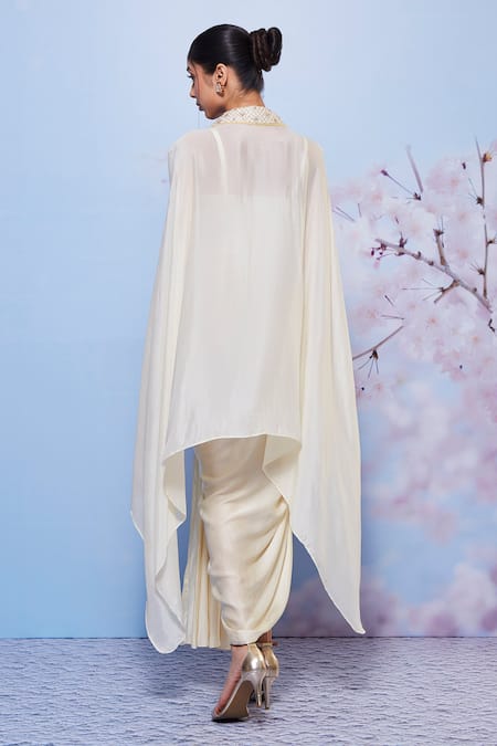 Shop_Ajiesh Oberoi_Ivory Chiffon, Modal, Lycra Embroidery, Sequins Cape And Draped Skirt Set _at_Aza_Fashions