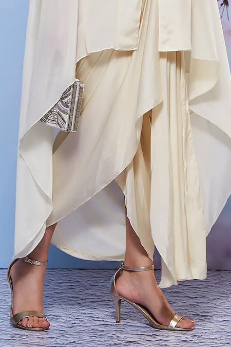Buy_Ajiesh Oberoi_Ivory Chiffon, Modal, Lycra Embroidery, Sequins Cape And Draped Skirt Set _Online_at_Aza_Fashions