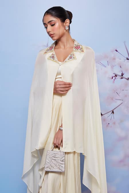 Shop_Ajiesh Oberoi_Ivory Chiffon, Modal, Lycra Embroidery, Sequins Cape And Draped Skirt Set _Online_at_Aza_Fashions