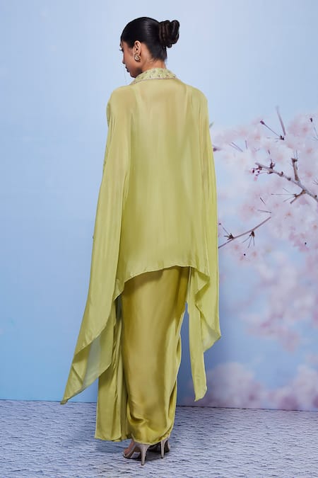 Shop Ajiesh Oberoi Green Chiffon, Modal, Lycra Sequins, Lapel Collared Cape And Draped Skirt Set at Aza Fashions Shop_Ajiesh Oberoi_Green Chiffon, Modal, Lycra Sequins, Lapel Collared Cape And Draped Skirt Set _at_Aza_Fashions