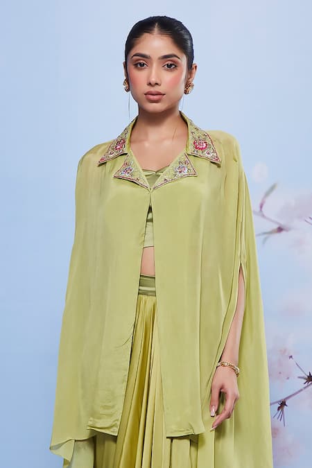 Ajiesh Oberoi Green Chiffon, Modal, Lycra Sequins, Lapel Collared Cape And Draped Skirt Set Online at Aza Fashions Ajiesh Oberoi_Green Chiffon, Modal, Lycra Sequins, Lapel Collared Cape And Draped Skirt Set _Online_at_Aza_Fashions